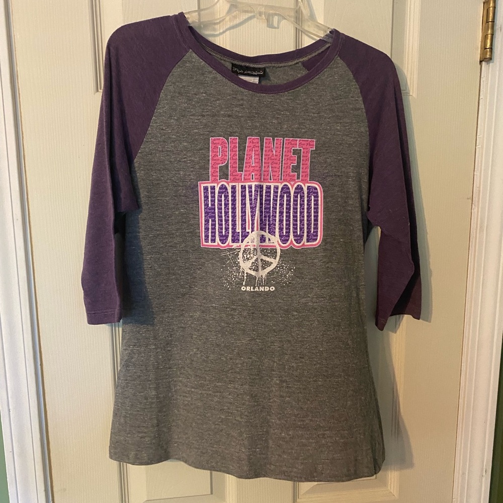 Gray Purple Planet Hollywood Orlando Raglan sleeve baseball Tee soft t-shirt XL